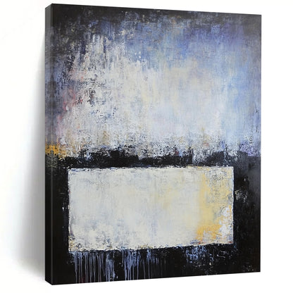 Contemporary hand-painted abstract artwork with blue gray and white layers soft edges textured metal elements evokes calmness and contemplation. DLZ0752