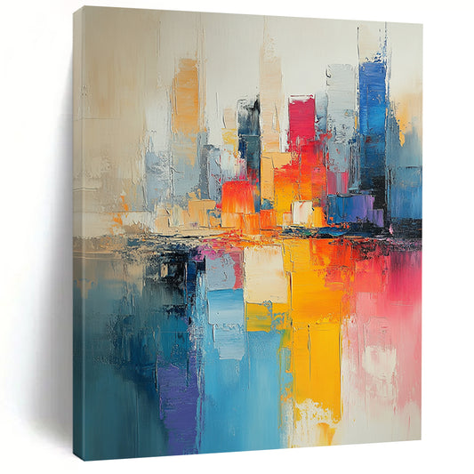 Contemporary hand-painted abstract art featuring a cityscape in muted beige and light blue tones with vibrant pinks yellows and expressive brushstrokes. DLZ0591