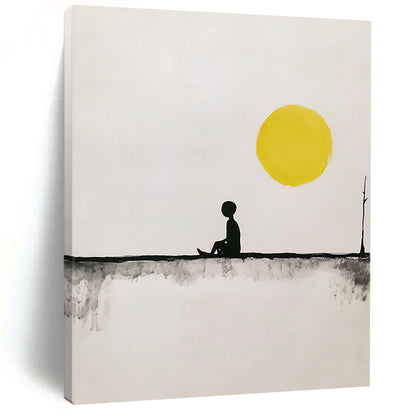 Contemporary hand-painted abstract art featuring a minimalist fisherman on a line under a yellow sun with simple shapes in black and gray tones. DLZ1635