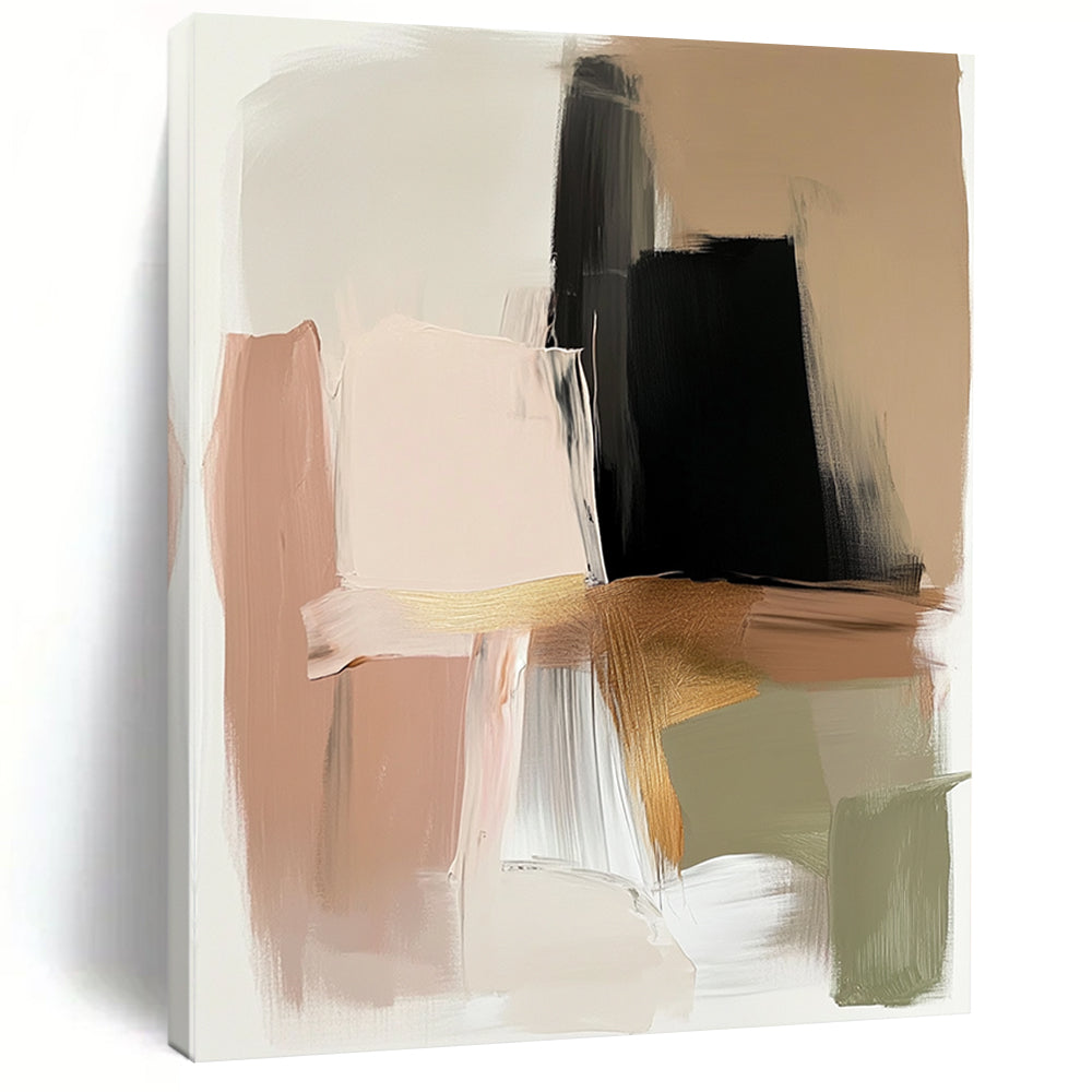 Contemporary hand-painted abstract art in beige and black with gold accents featuring expressive brush strokes and a neutral palette of serene colors. DLZ0880