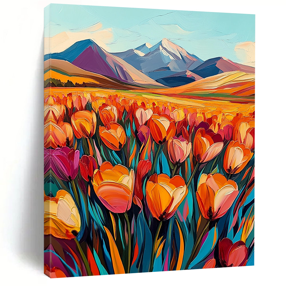 Contemporary vibrant abstract artwork featuring a field of tulips in orange and pink with majestic mountains in the background, evoking a sense of joy. DLZ1495