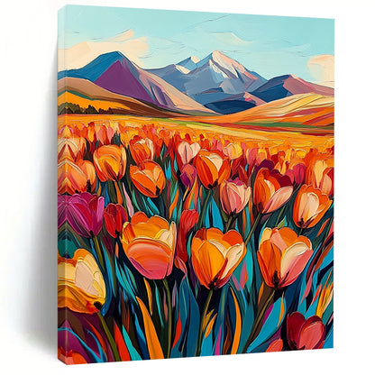 Contemporary vibrant abstract artwork featuring a field of tulips in orange and pink with majestic mountains in the background, evoking a sense of joy. DLZ1495