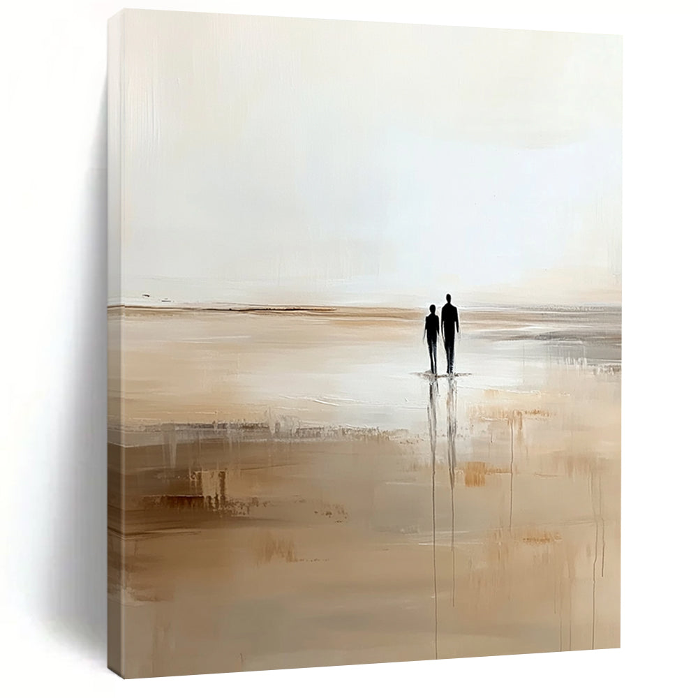 Contemporary abstract artwork depicting two figures strolling on the beach in soft beige and white hues creating a serene minimalist ambiance. DLZ0663