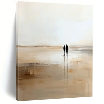 Contemporary abstract artwork depicting two figures strolling on the beach in soft beige and white hues creating a serene minimalist ambiance. DLZ0663