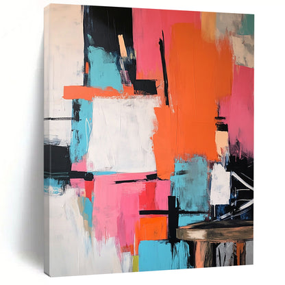 Contemporary abstract artwork featuring vibrant pink orange teal with bold black strokes large color blocks and dynamic shapes on a textured canvas. DLZ0903