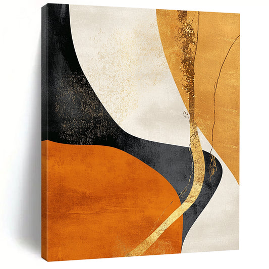 Contemporary hand-painted abstract art featuring gold and black shapes on an orange background with flowing lines and natural organic curves. DLZ0387