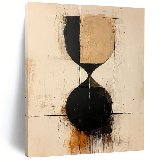 Contemporary abstract painting showcasing an hourglass in beige and black shapes with thin lines on a textured white background. DLZ1317