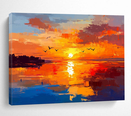 “Fiery Sunset Seascape” - Orange, Red, Yellow, Blue, Purple - Impasto Sunset Over Water - Oil Painting HB1324