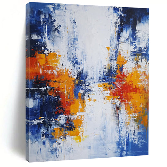 Large modern hand-painted abstract artwork featuring blue white and orange hues with broad brush strokes and thick impasto layers depicting an urban Parisian landscape. DLZ0732