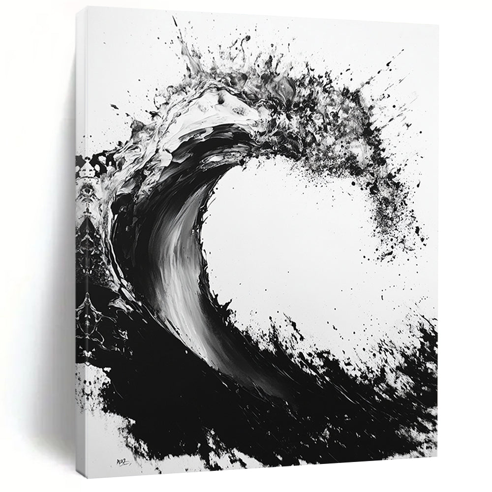 Black & White Ink Wave - “Powerful Ocean Ink” Painting On Canvas HB235