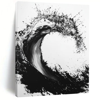 Black & White Ink Wave - “Powerful Ocean Ink” Painting On Canvas HB235