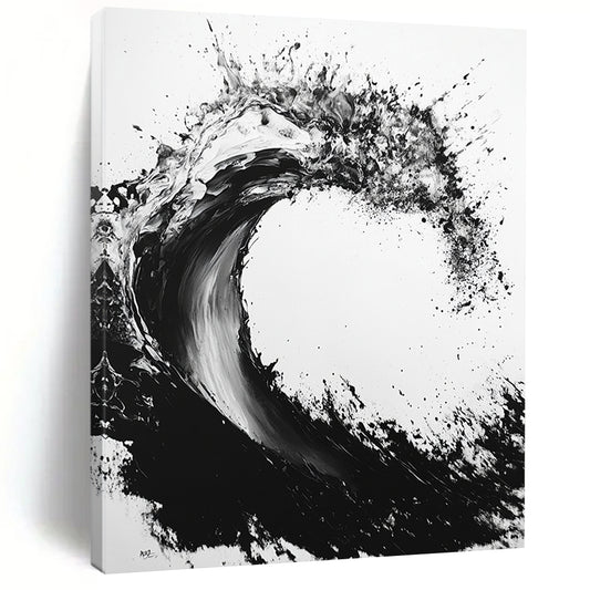 Black & White Ink Wave - “Powerful Ocean Ink” Painting On Canvas HB235