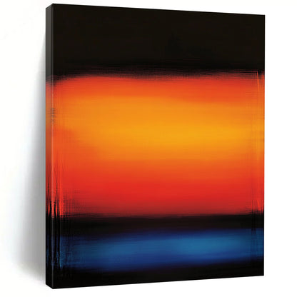 Bold contemporary hand-painted abstract artwork with a serene orange and blue gradient background and glowing shades of red and blue. DLZ1157