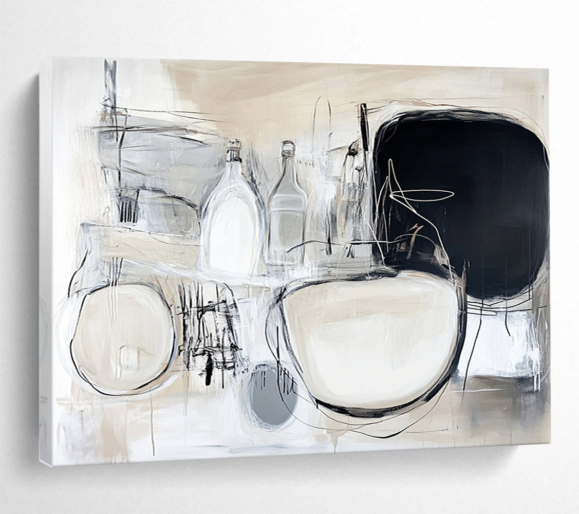 “Monochrome Stillness” - Beige, White, Gray with Abstract Bottles - Abstract Acrylic Painting HB1340
