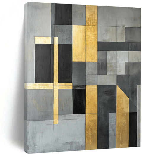Gray, Black, Gold and White Geometric Composition "Timeless Structure" Painting On Canvas HB354