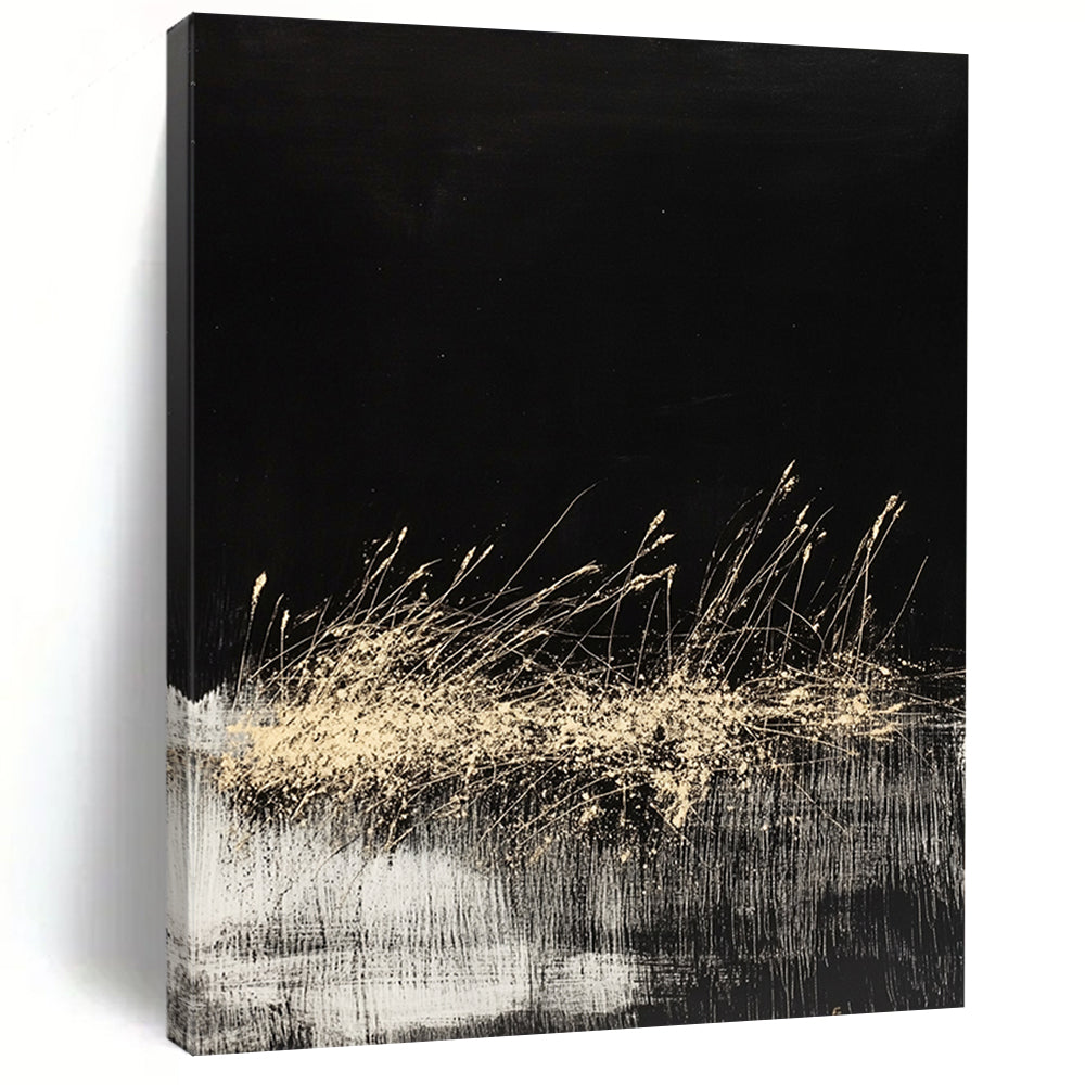 Black, Gold, White, Grass - like Swirls "Midnight Meadow" Abstract Modernist Painting On Canvas HB084