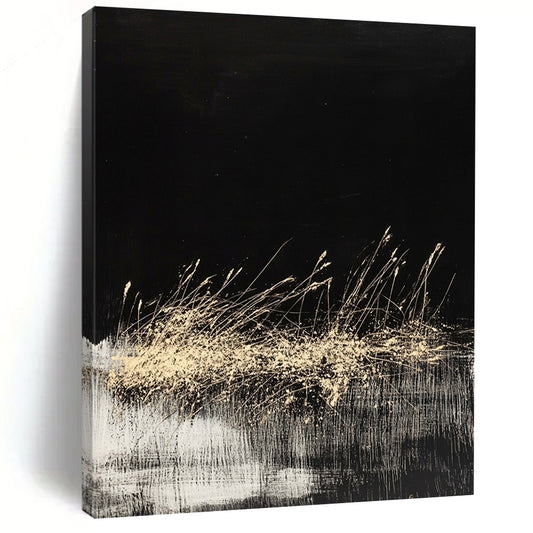 Black, Gold, White, Grass - like Swirls "Midnight Meadow" Abstract Modernist Painting On Canvas HB084