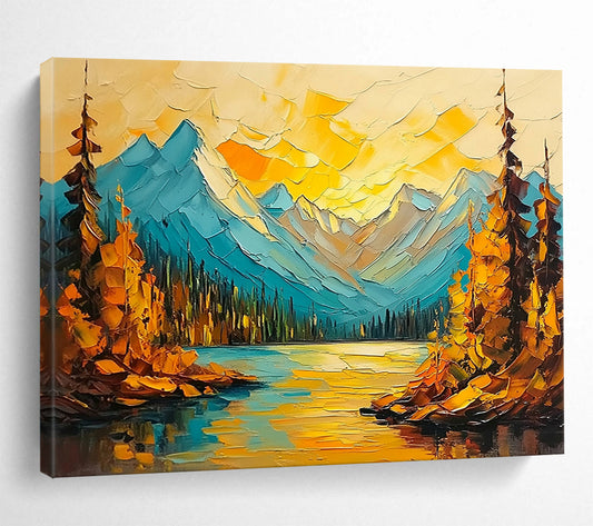 “Colorful Mountain Lake” - Blues, Yellows, Oranges, Mountain Lake with Autumn Trees - Impasto Oil Painting HB1713