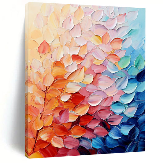 Contemporary abstract painting featuring colorful leaves in soft hues with vibrant palette knife texture for a puffy shiny effect on canvas. DLZ0616