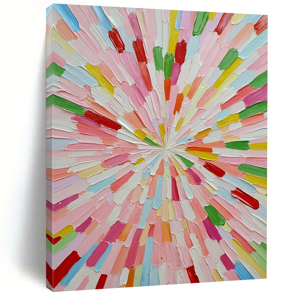 Large contemporary abstract artwork featuring vibrant colors in a sunburst pattern crafted from small paper sticks on a white background. DLZ1275