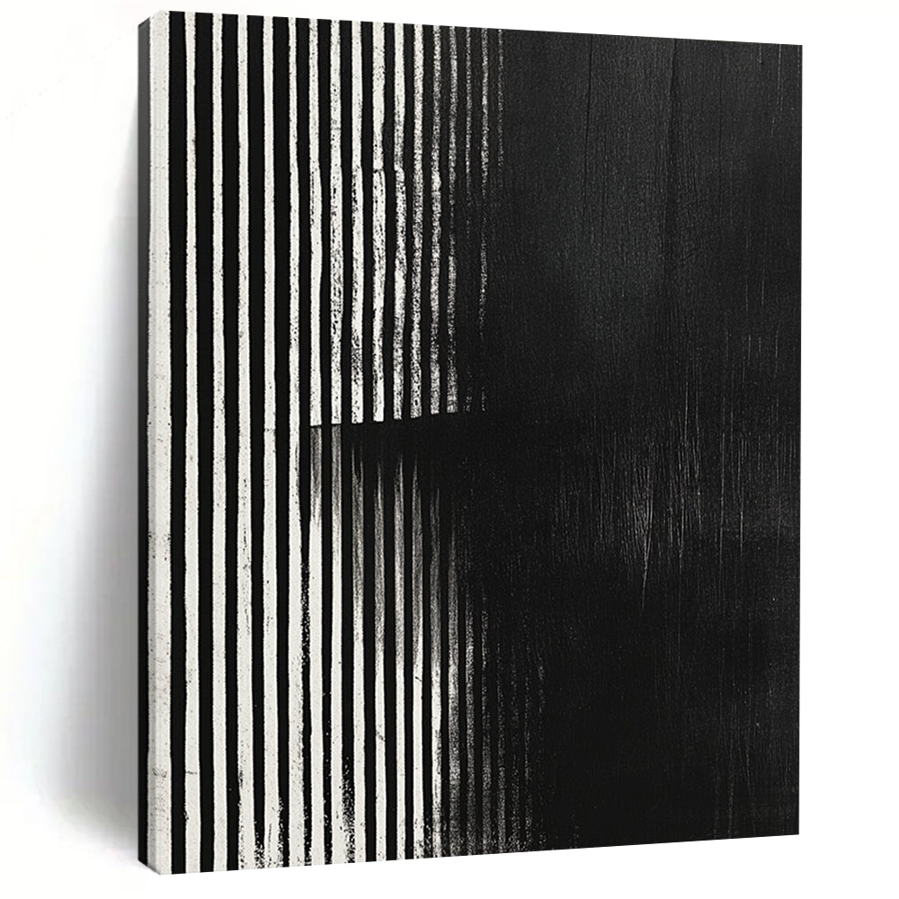 Contemporary hand-painted abstract art featuring black and white stripes with a grainy texture and focus stacking effect on a dark background. DLZ1489