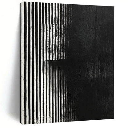 Contemporary hand-painted abstract art featuring black and white stripes with a grainy texture and focus stacking effect on a dark background. DLZ1489