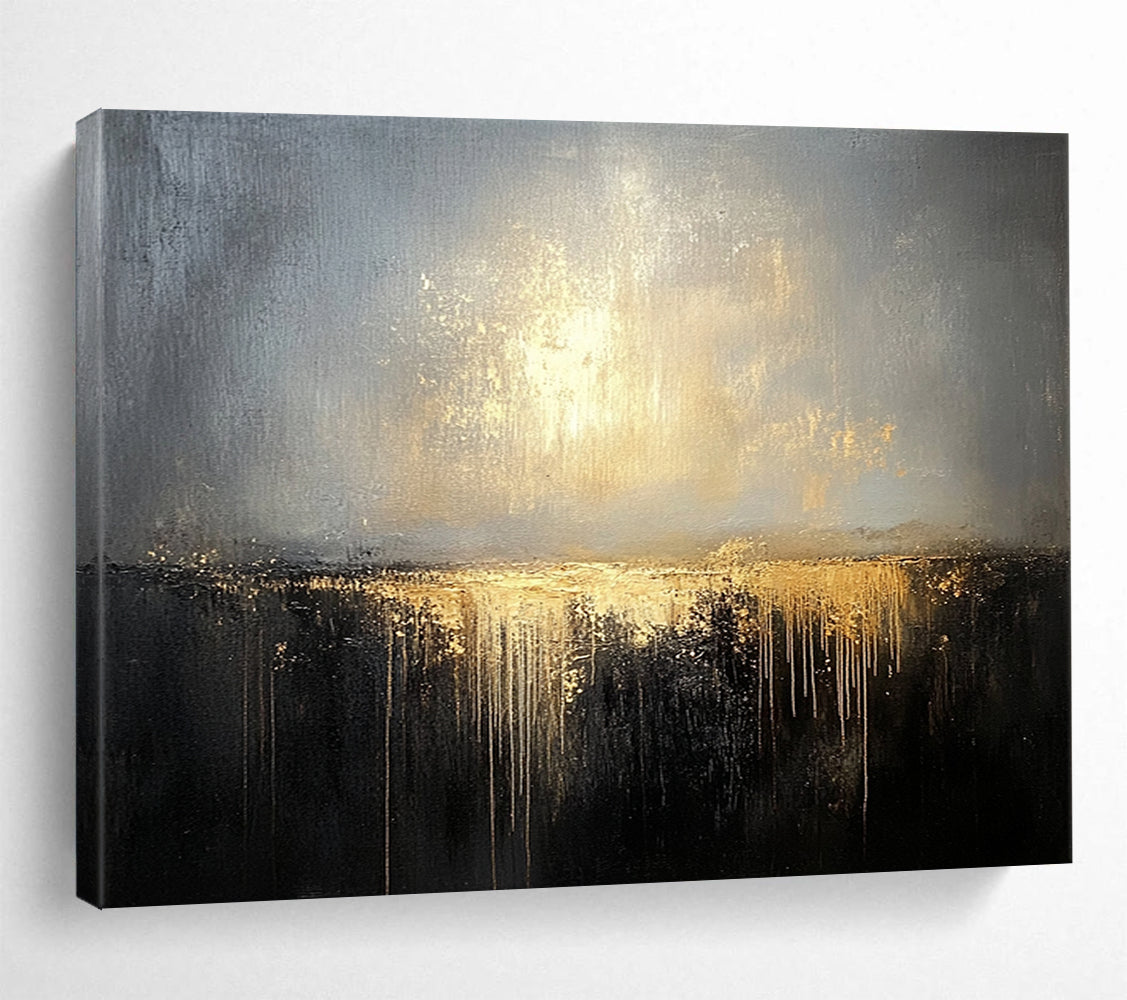 “Gilded Twilight Horizon” - Gray, Gold, Dripping Textures, Abstract Landscape Painting On Canvas HB0896