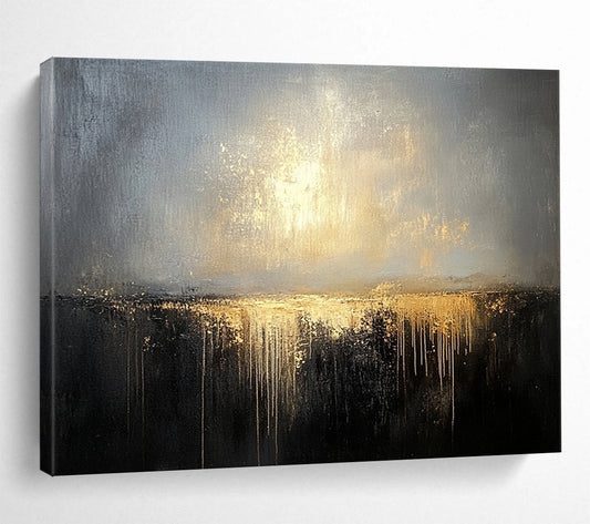 “Gilded Twilight Horizon” - Gray, Gold, Dripping Textures, Abstract Landscape Painting On Canvas HB0896