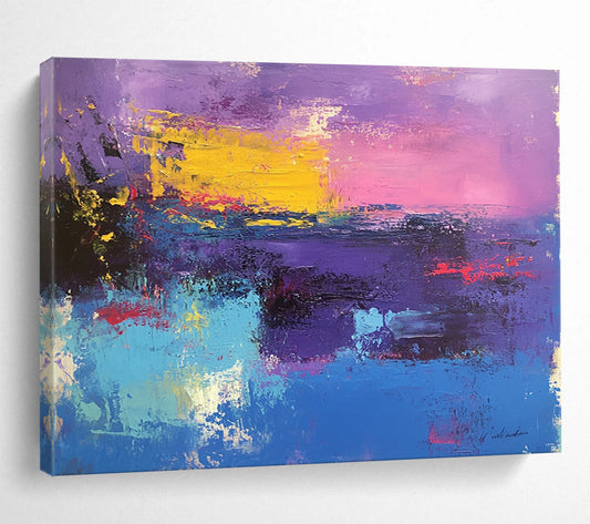 “Purple Pink Abstract Horizon” - Purple, Pink, Yellow, Blue with a Colorful Horizon - Painting On Canvas HB1374