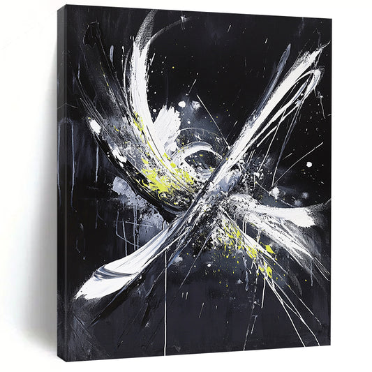 Black, White, Gray, Yellow, Explosive Strokes "Energetic Burst" Abstract Expressionist Painting On Canvas HB067