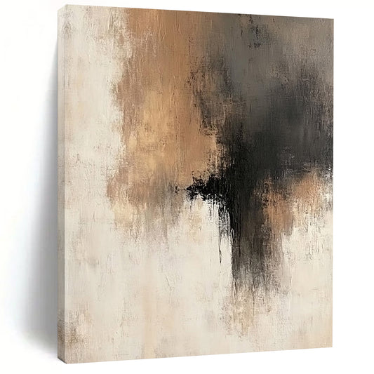 Large contemporary hand-painted abstract artwork featuring soft brush strokes in neutral tones of beige gray and brown accents with a serene neutral background. DLZ0440