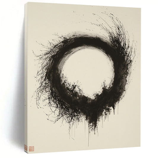 Black & Gray Textured Circular Ink - “Ethereal Enso Nest” Painting On Canvas HB246