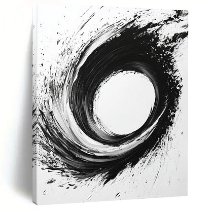Black, White, Dynamic Circular Swirl "Whirlwind Ink" Abstract Expressionist Painting On Canvas HB133