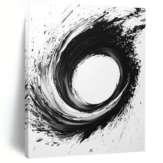 Black, White, Dynamic Circular Swirl "Whirlwind Ink" Abstract Expressionist Painting On Canvas HB133