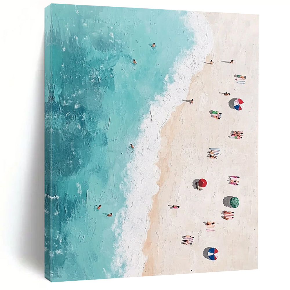 Contemporary abstract painting featuring an aerial beach view with vibrant figures soft brush strokes and pastel tones inspired by Jean-Michel Basquiat. DLZ1402