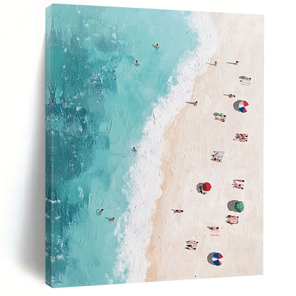 Contemporary abstract painting featuring an aerial beach view with vibrant figures soft brush strokes and pastel tones inspired by Jean-Michel Basquiat. DLZ1402