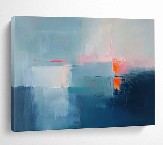 “Subtle Abstract Horizon in Blue” - Blue, white, pink, orange; Subtle abstract horizon with soft colors; Acrylic Painting On Canvas HB1274