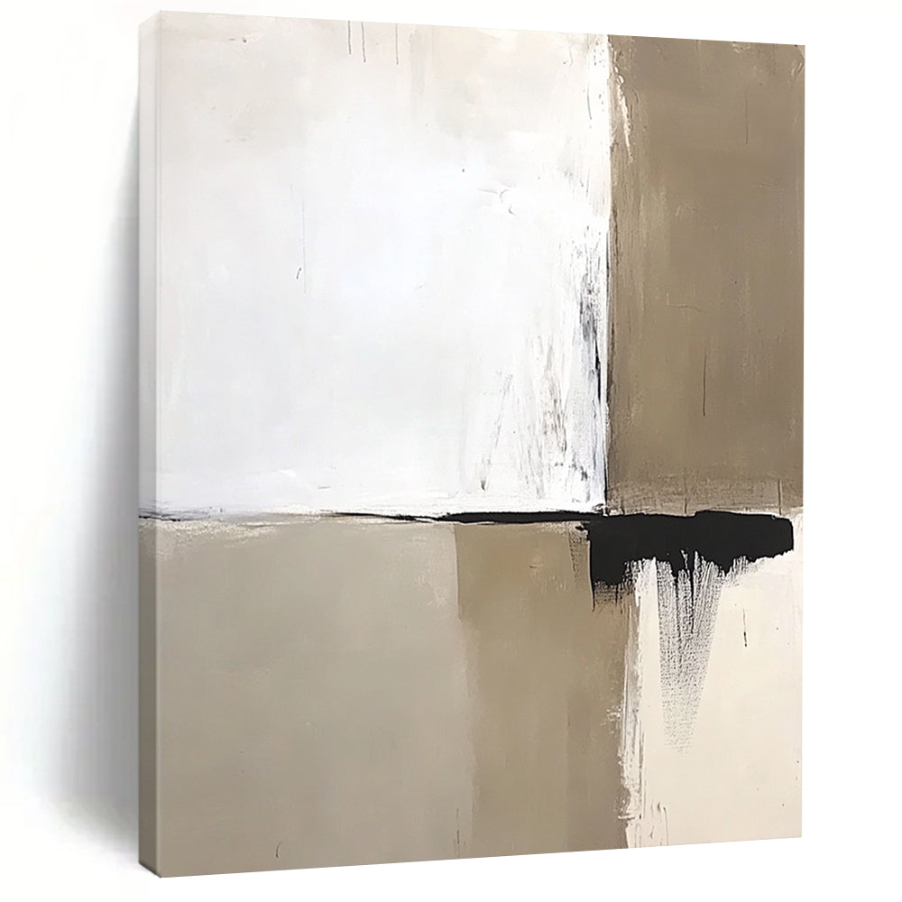 Contemporary abstract artwork featuring neutral white and beige tones accented by bold black brushstrokes simple shapes and clean lines. DLZ1604