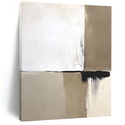 Contemporary abstract artwork featuring neutral white and beige tones accented by bold black brushstrokes simple shapes and clean lines. DLZ1604