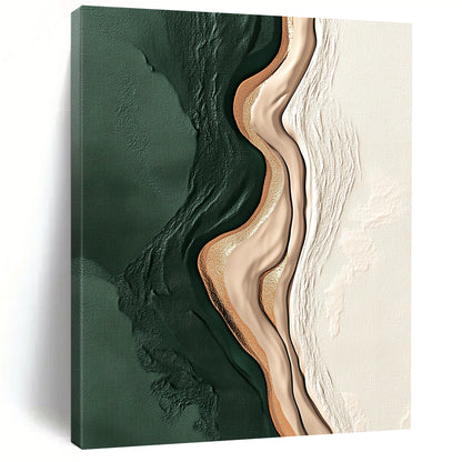 Contemporary hand-painted abstract artwork featuring dark green and beige shapes on white background with gold accents and minimalistic brushstroke design. DLZ0838