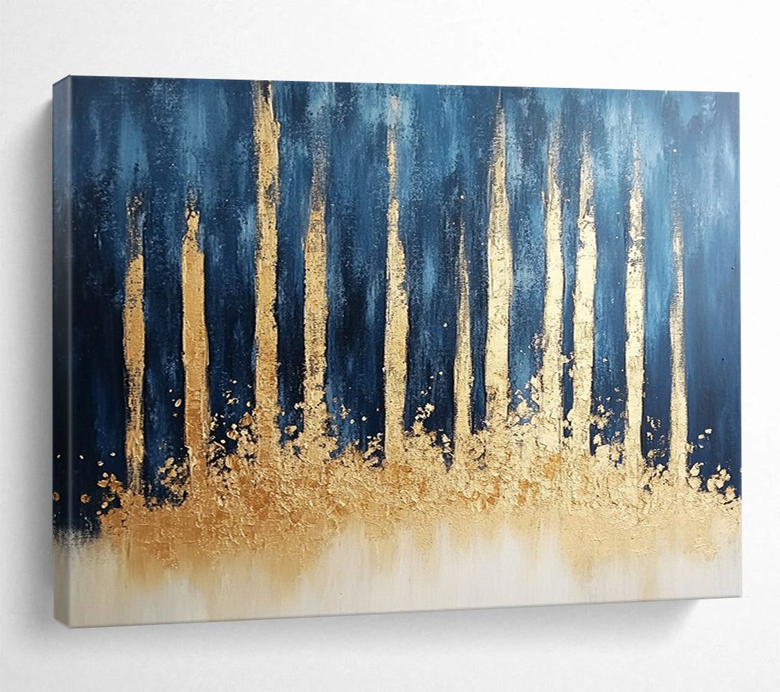 “Gold - Tree Silhouettes on Blue” - Gold, Blue, Beige, Tree Shapes Painting On Canvas HB0815