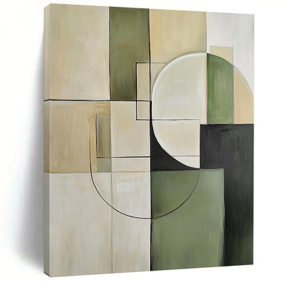 Contemporary hand-painted abstract artwork featuring minimalist beige and green tones with geometric squares and circles for a sophisticated aesthetic. DLZ0552