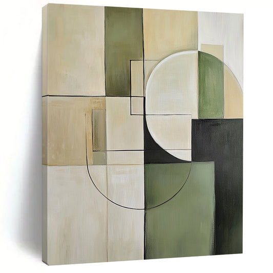 Contemporary hand-painted abstract artwork featuring minimalist beige and green tones with geometric squares and circles for a sophisticated aesthetic. DLZ0552