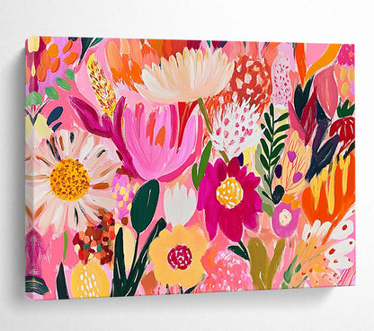 “Pink - Hued Floral Carnival” - Bright Pinks, Oranges, Yellows, Playful Flower Explosion - Contemporary Acrylic Painting HB1725