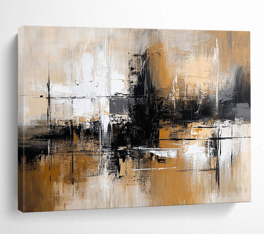 “Brown and Gray Abstract Cityscape” - Brown, gray, white, black; Abstract cityscape with a moody atmosphere; Acrylic Painting On Canvas HB1264