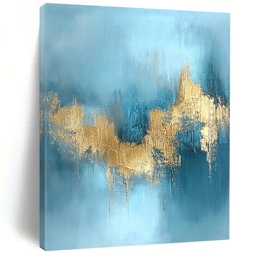 Contemporary hand-painted abstract art featuring a serene water and sky blue backdrop adorned with stunning gold foil textures. DLZ0723