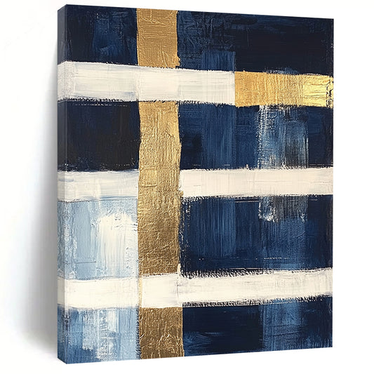 Navy, White, Gold, Horizontal Stripes "Gilded Nautical Horizons" Abstract Minimalist Painting On Canvas HB154