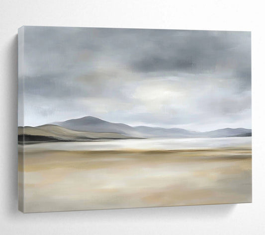 “Misty Coastal Landscape” - Gray, Beige, Minimalist Coastal Painting On Canvas HB0699