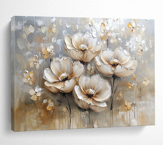 Beige, Gray and White Textured Flowers "Elegant Blooms" Painting On Canvas HB0421