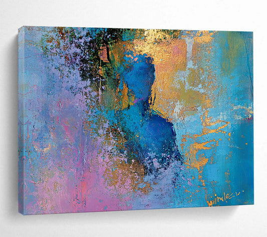“Ethereal Blue Figure” - Blue, Purple, Gold, Abstract Portrait Painting On Canvas HB0999